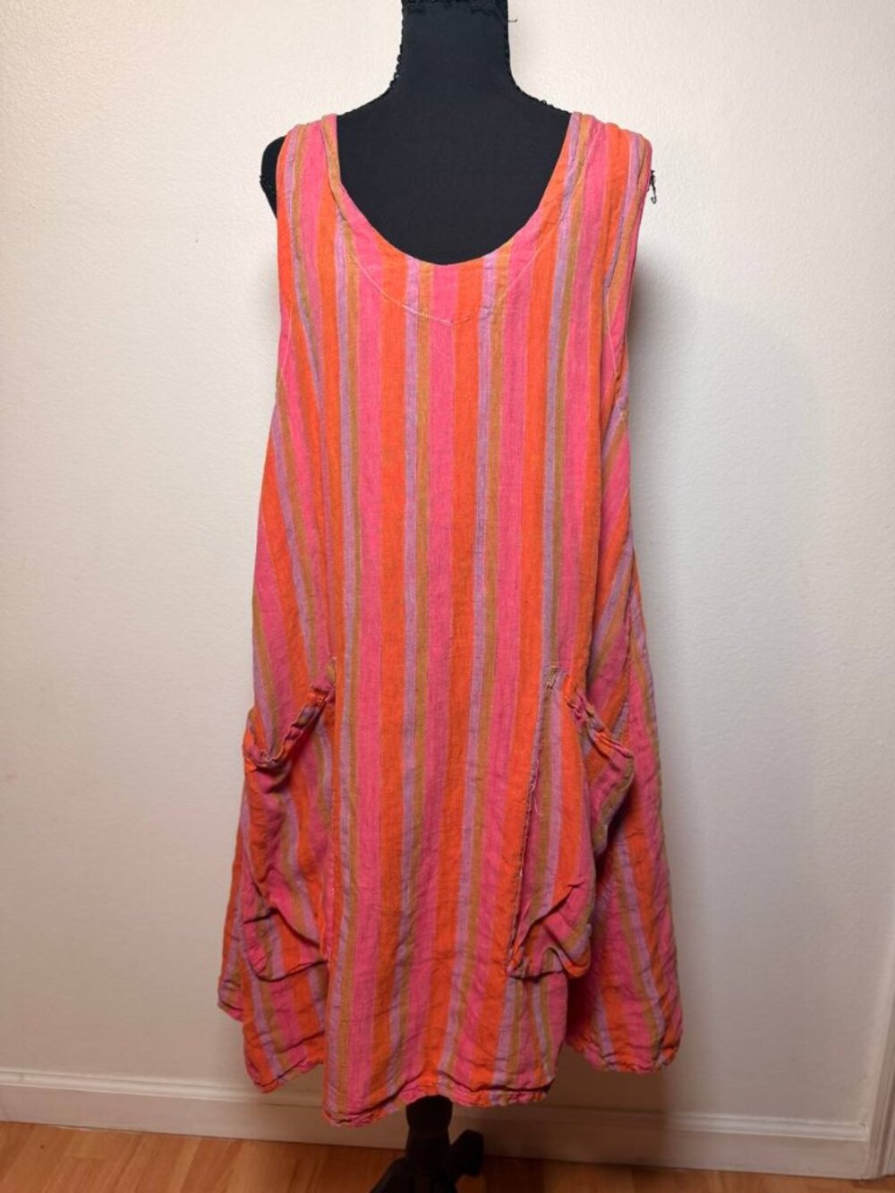 Boho Striped Linen Tank Dress Pockets Rainbow Stripe Artsy Style